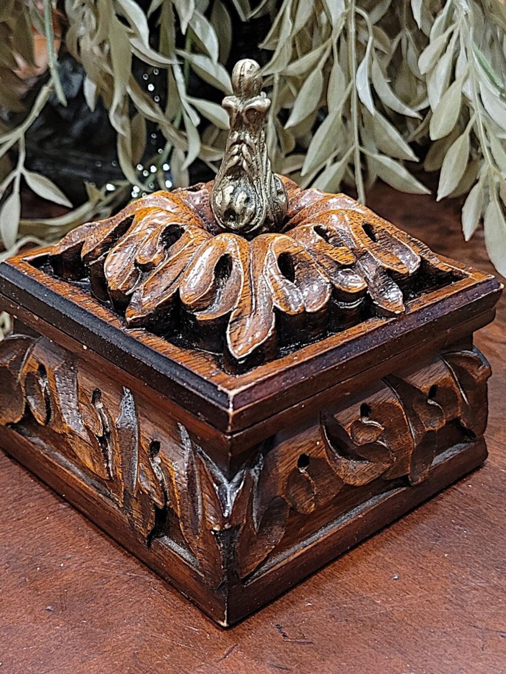Bombay Company Carved Wood Trinket Box with Brass Finial